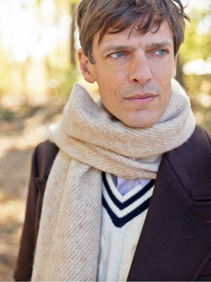 The Nines x Moon ecru herringbone wool scarf